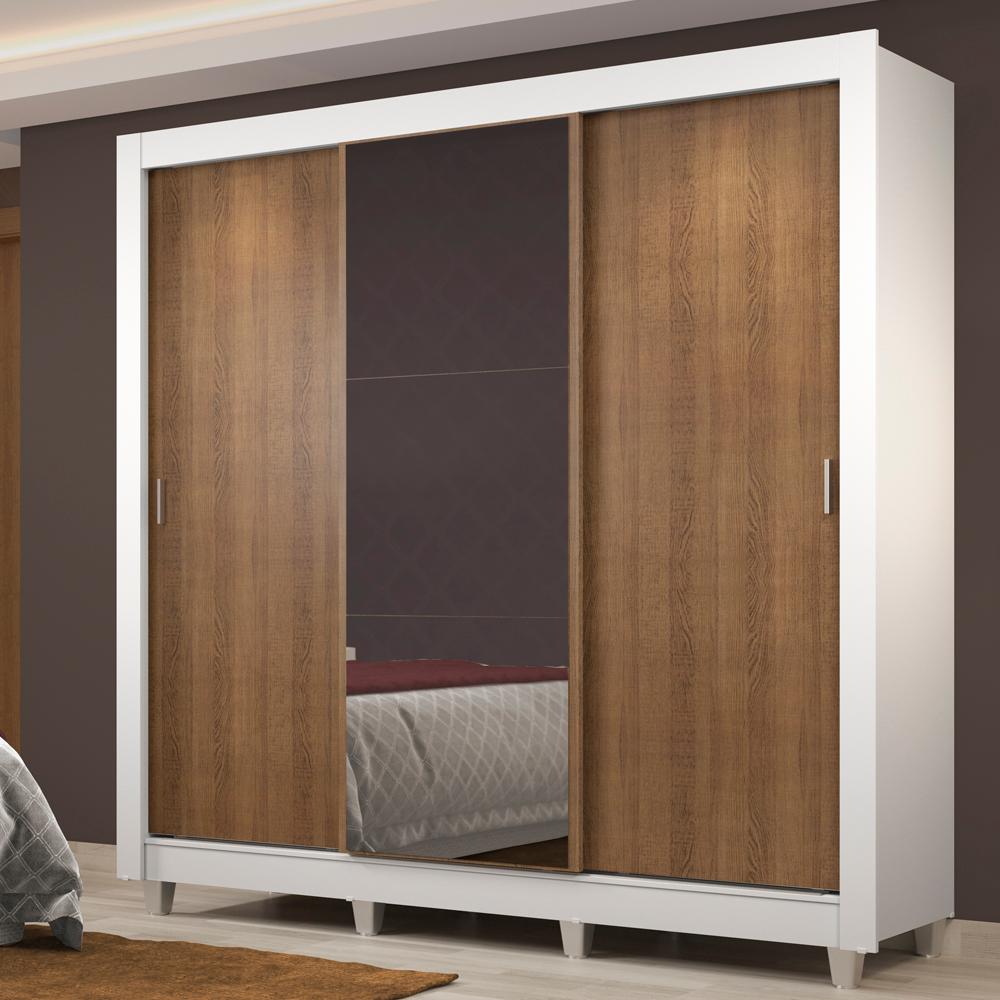 Guarda Roupa Casal Madesa Lyon Plus 3 Portas de Correr com Espelho 4 Gavetas com Pés - Branco/Rustic