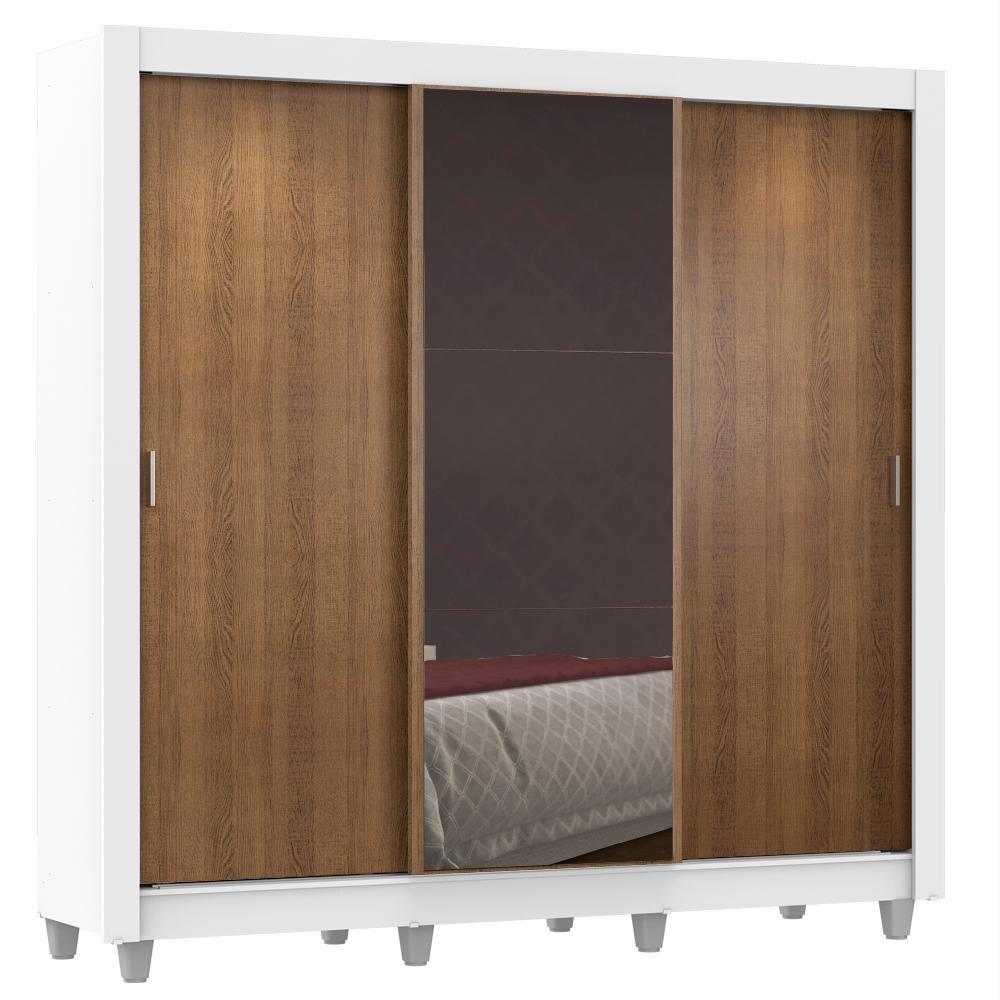 Guarda Roupa Casal Madesa Lyon Plus 3 Portas de Correr com Espelho 4 Gavetas com Pés - Branco/Rustic