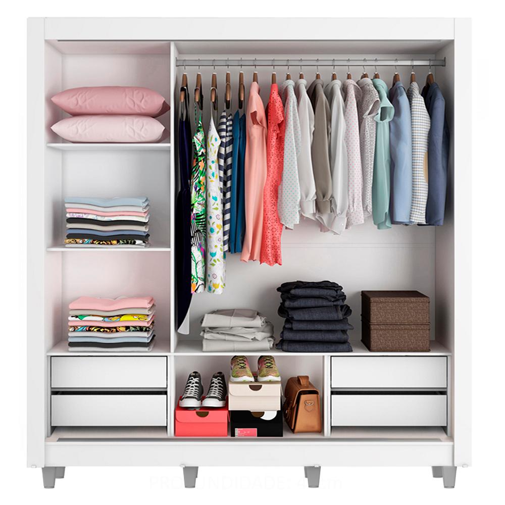 Guarda Roupa Casal Madesa Lyon Plus 3 Portas de Correr com Espelho 4 Gavetas com Pés - Branco/Rustic