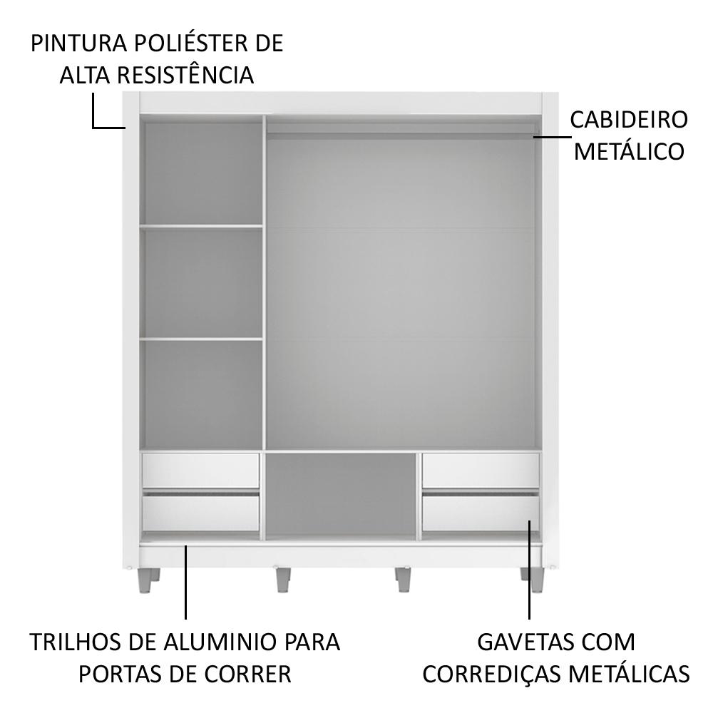 Guarda Roupa Casal Madesa Lyon Plus 3 Portas de Correr com Espelho 4 Gavetas com Pés - Branco/Rustic