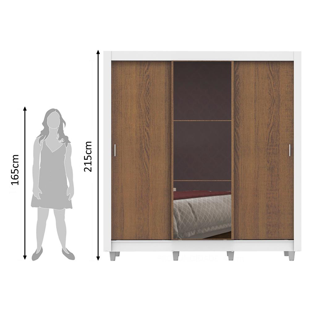 Guarda Roupa Casal Madesa Lyon Plus 3 Portas de Correr com Espelho 4 Gavetas com Pés - Branco/Rustic