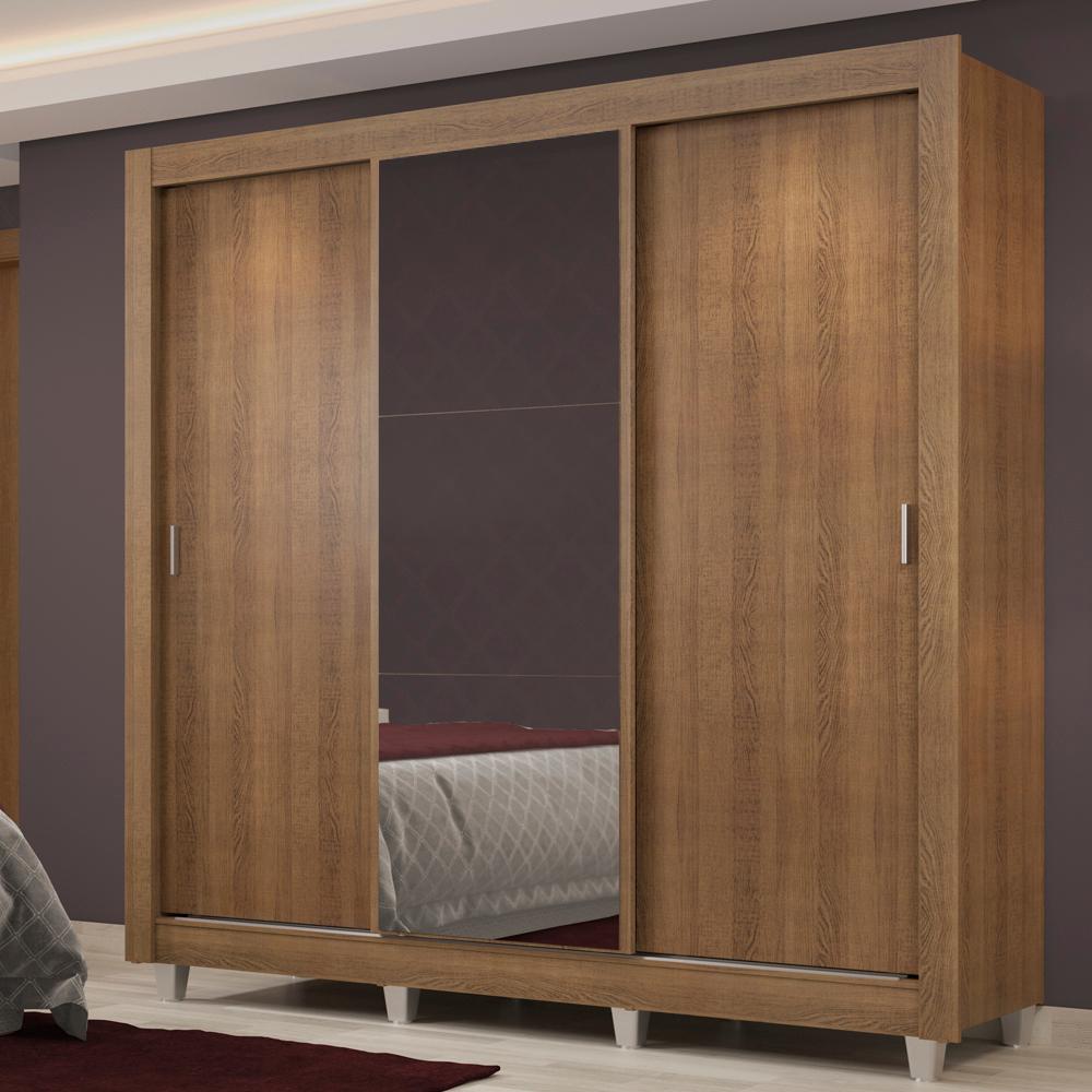 Guarda Roupa Casal Madesa Lyon Plus 3 Portas de Correr com Espelho 4 Gavetas com Pés - Rustic