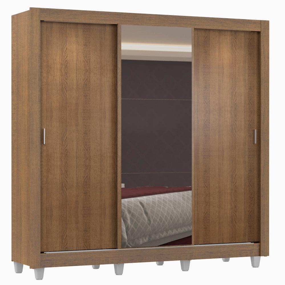 Guarda Roupa Casal Madesa Lyon Plus 3 Portas de Correr com Espelho 4 Gavetas com Pés - Rustic