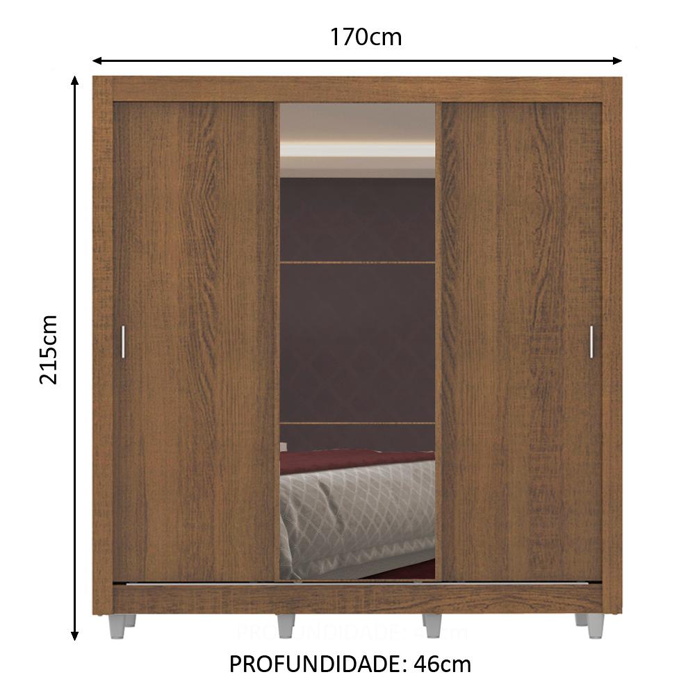 Guarda Roupa Casal Madesa Lyon Plus 3 Portas de Correr com Espelho 4 Gavetas com Pés - Rustic