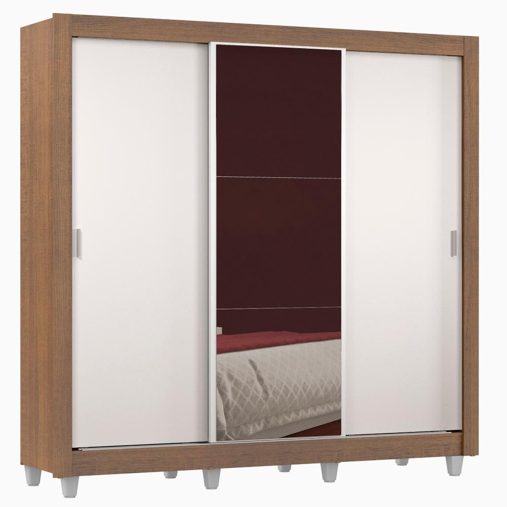 Guarda Roupa Casal Madesa Lyon Plus 3 Portas de Correr com Espelho 4 Gavetas com Pés - Rustic/Branco