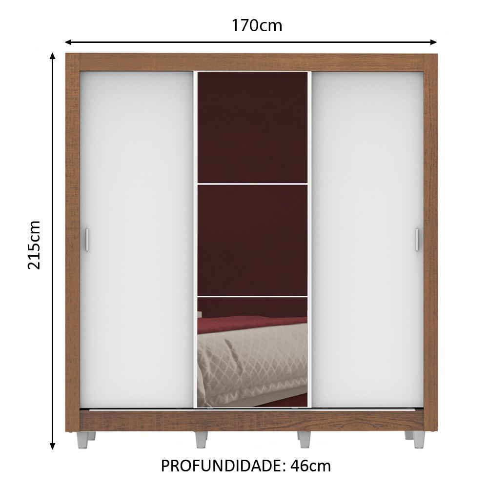 Guarda Roupa Casal Madesa Lyon Plus 3 Portas de Correr com Espelho 4 Gavetas com Pés - Rustic/Branco