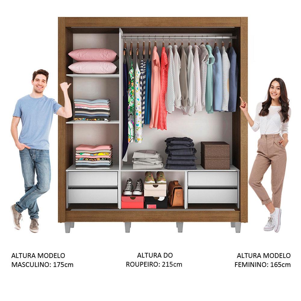 Guarda Roupa Casal Madesa Lyon Plus 3 Portas de Correr com Espelho 4 Gavetas com Pés - Rustic/Branco