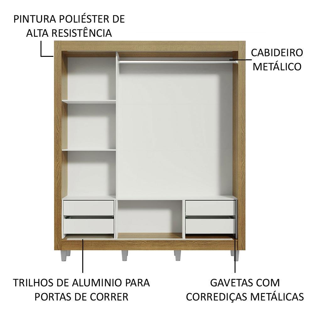 Guarda Roupa Casal Madesa Lyon Plus 3 Portas de Correr com Espelho 4 Gavetas com Pés - Rustic/Branco