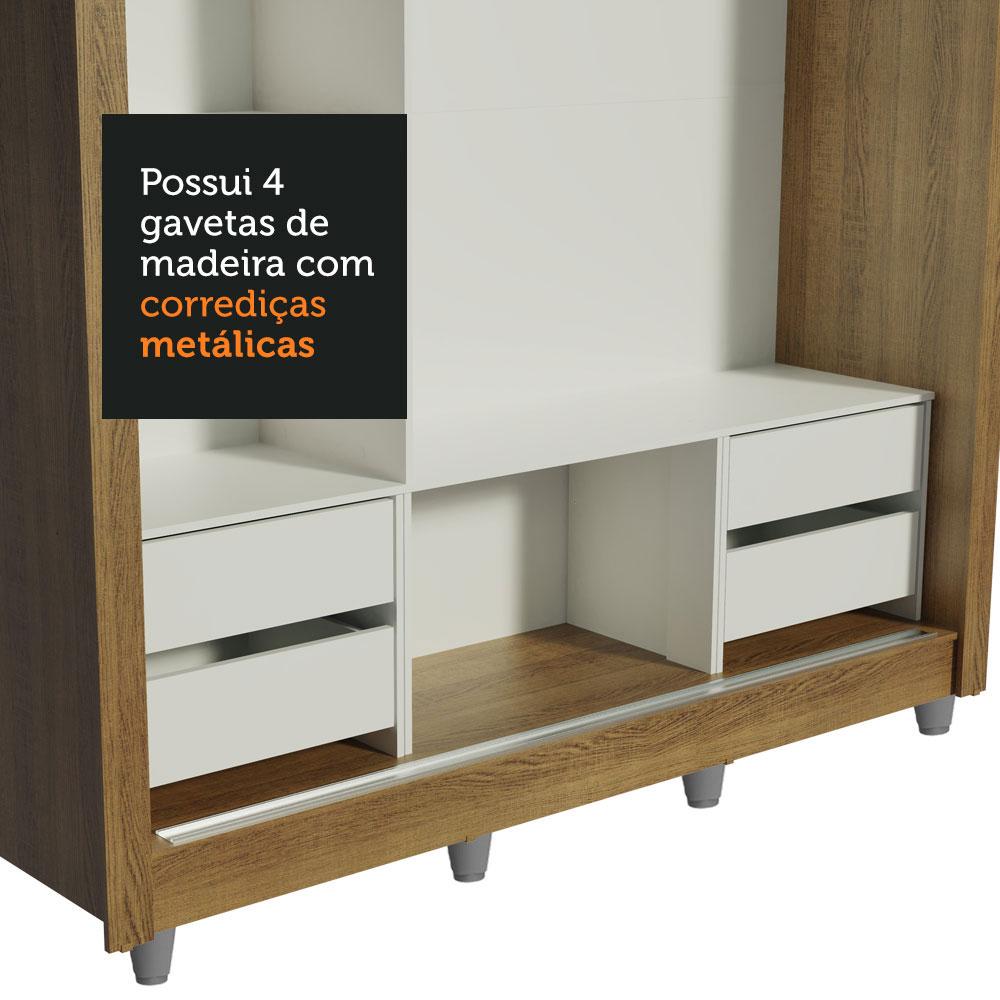 Guarda Roupa Casal Madesa Lyon Plus 3 Portas de Correr com Espelho 4 Gavetas com Pés - Rustic/Branco