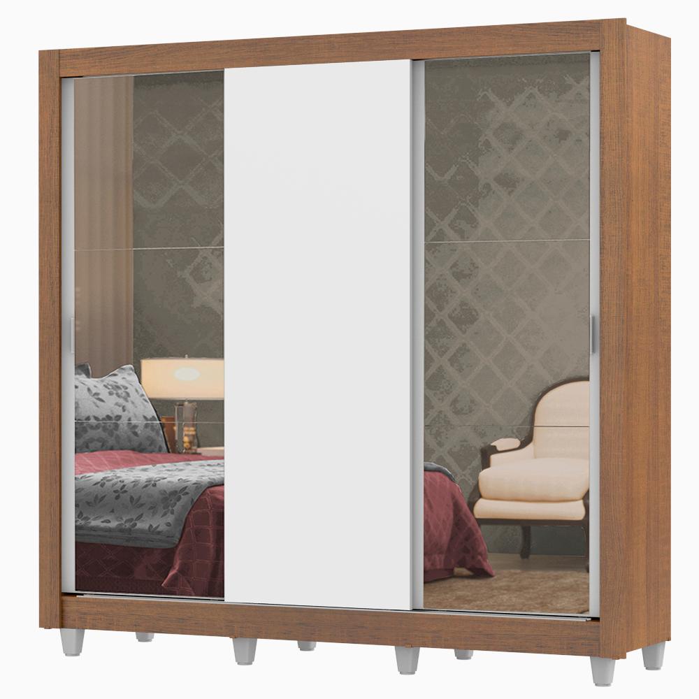 Guarda-Roupa Casal Madesa Lyon Plus 3 Portas de Correr com Espelhos 4 Gavetas com Pés