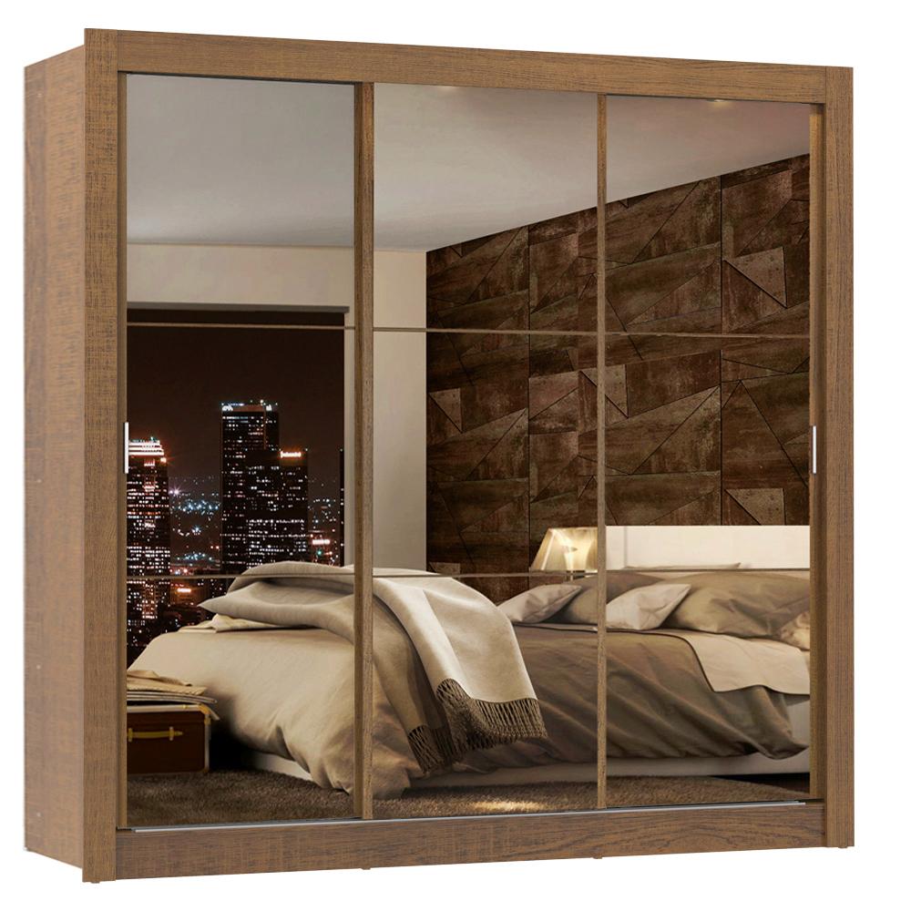 Guarda Roupa Casal Madesa Lyon Plus 3 Portas de Correr de Espelho 4 Gavetas - Rustic