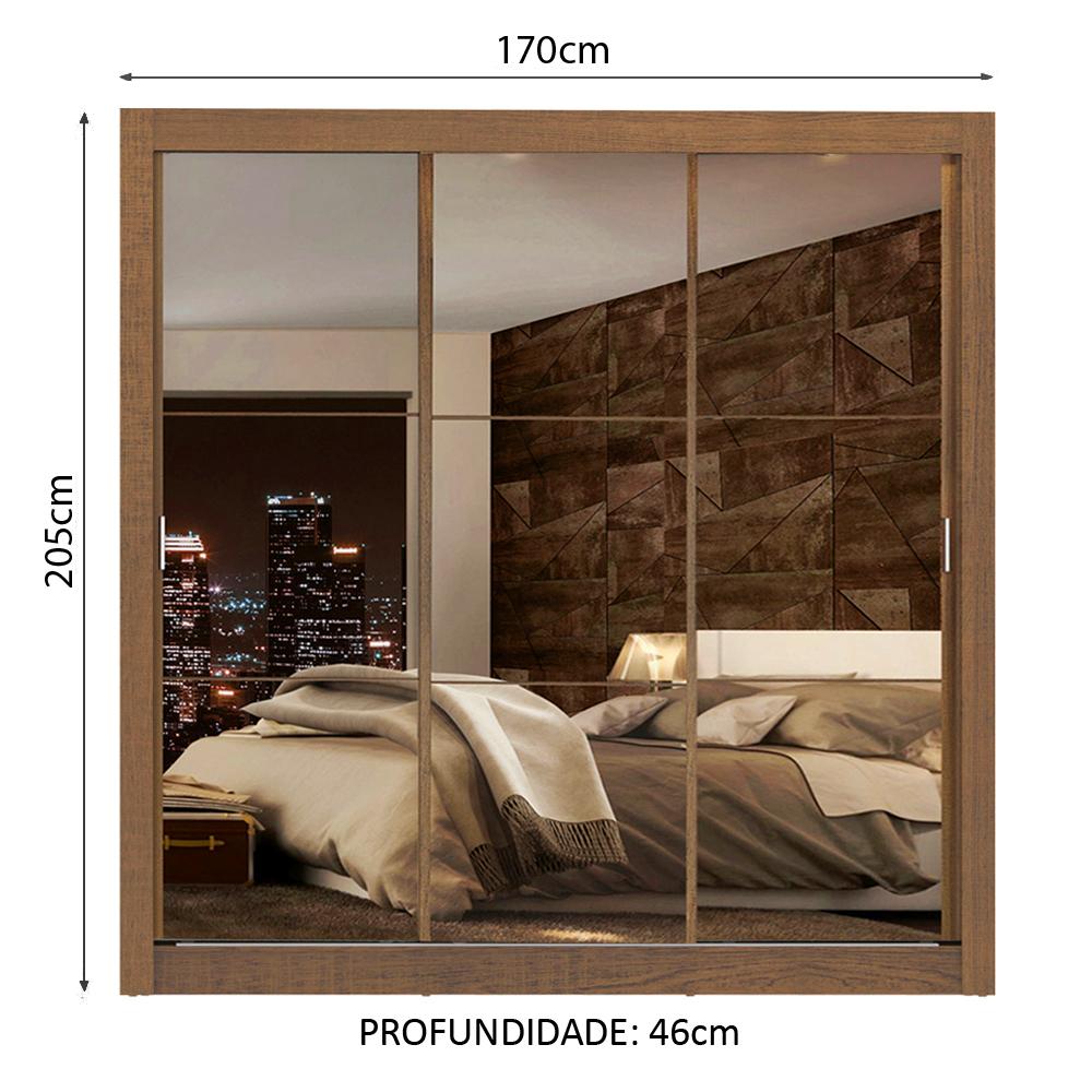 Guarda Roupa Casal Madesa Lyon Plus 3 Portas de Correr de Espelho 4 Gavetas - Rustic