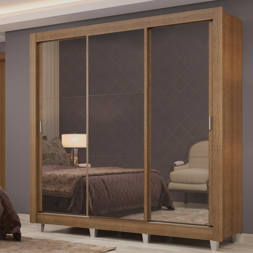 Guarda Roupa Casal Madesa Lyon Plus 3 Portas de Correr de Espelho 4 Gavetas com Pés - Rustic