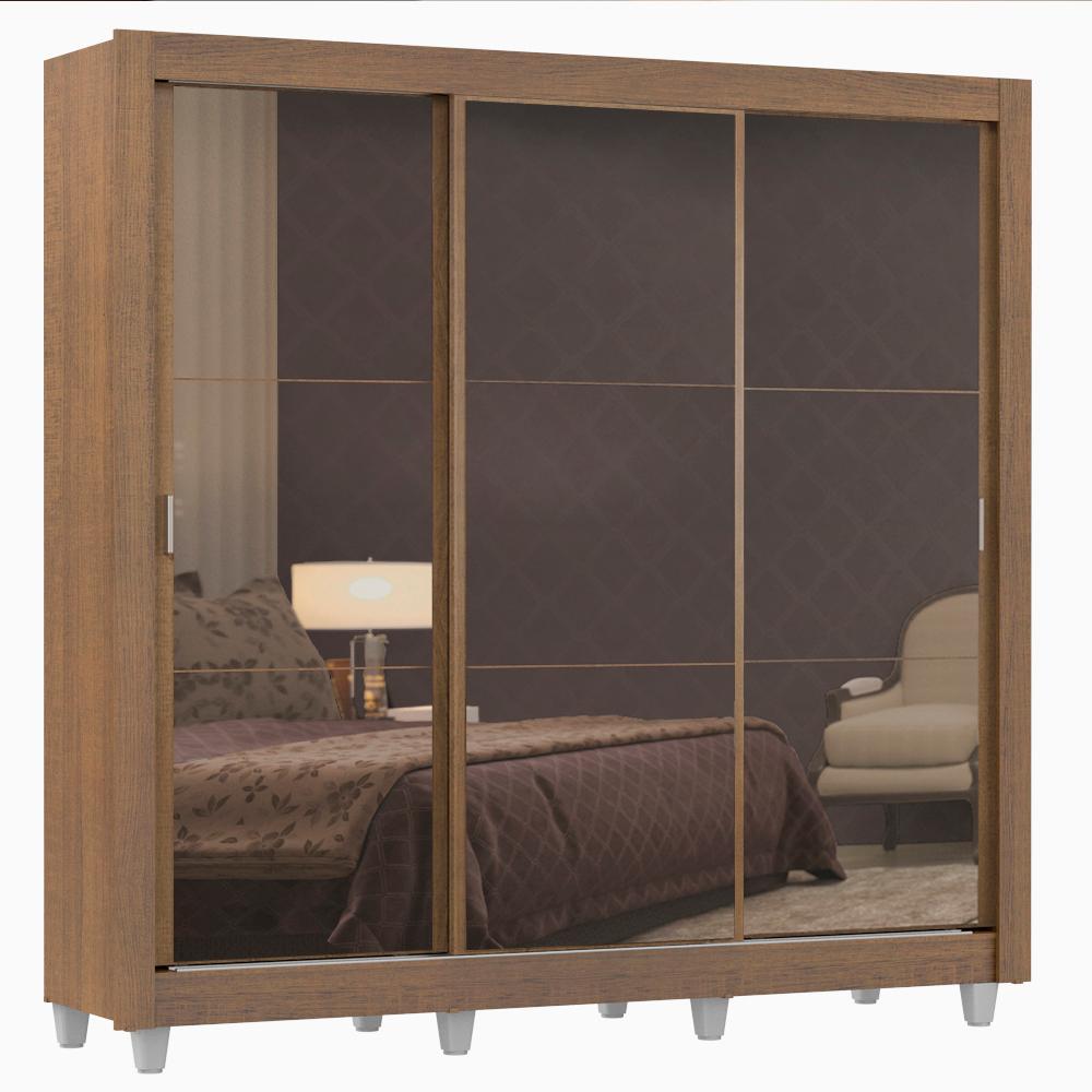 Guarda Roupa Casal Madesa Lyon Plus 3 Portas de Correr de Espelho 4 Gavetas com Pés - Rustic
