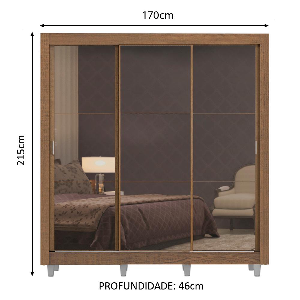Guarda Roupa Casal Madesa Lyon Plus 3 Portas de Correr de Espelho 4 Gavetas com Pés - Rustic