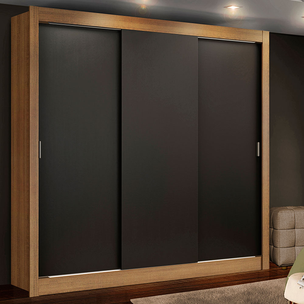 Guarda Roupa Casal Madesa Mônaco 3 Portas de Correr - Rustic/Preto