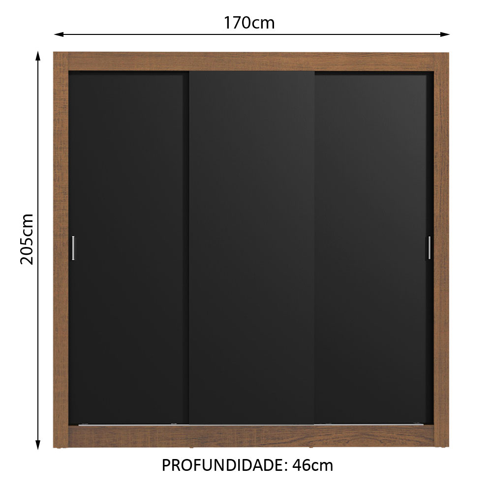 Guarda Roupa Casal Madesa Mônaco 3 Portas de Correr - Rustic/Preto