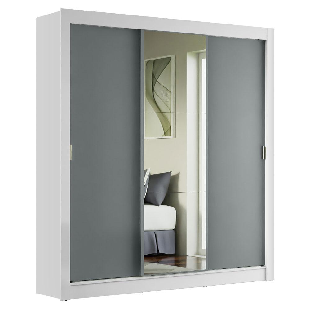 Guarda-Roupa Casal Madesa Mônaco 3 Portas de Correr com Espelho - Branco/Cinza
