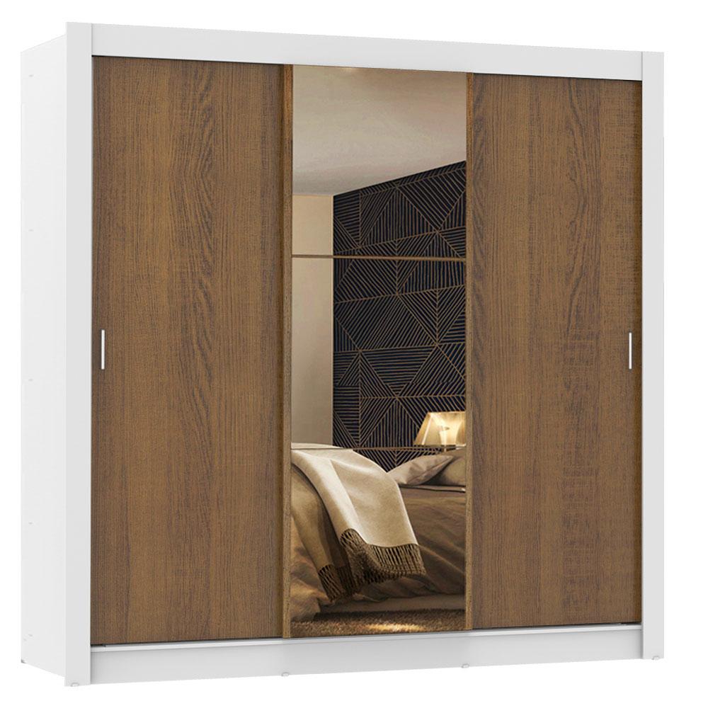 Guarda Roupa Casal Madesa Mônaco 3 Portas de Correr com Espelho - Branco/Rustic