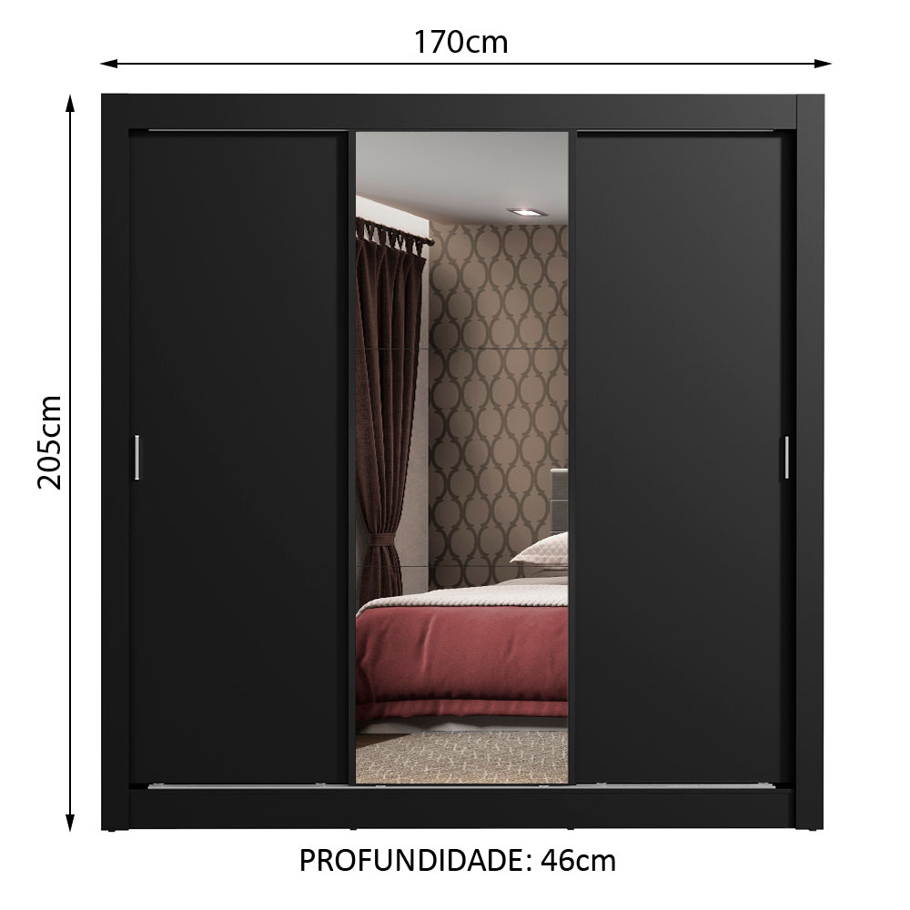 Guarda Roupa Casal Madesa Mônaco 3 Portas de Correr com Espelho - Preto