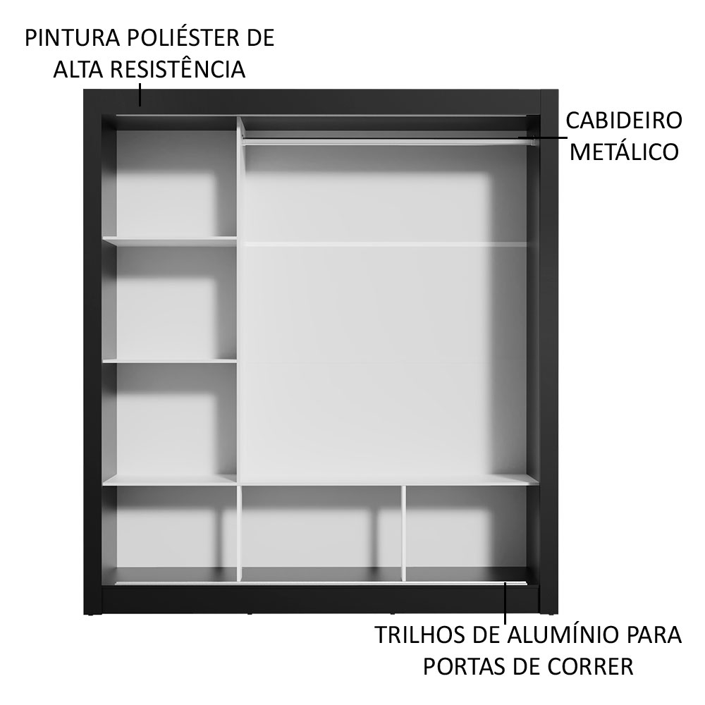 Guarda Roupa Casal Madesa Mônaco 3 Portas de Correr com Espelho - Preto