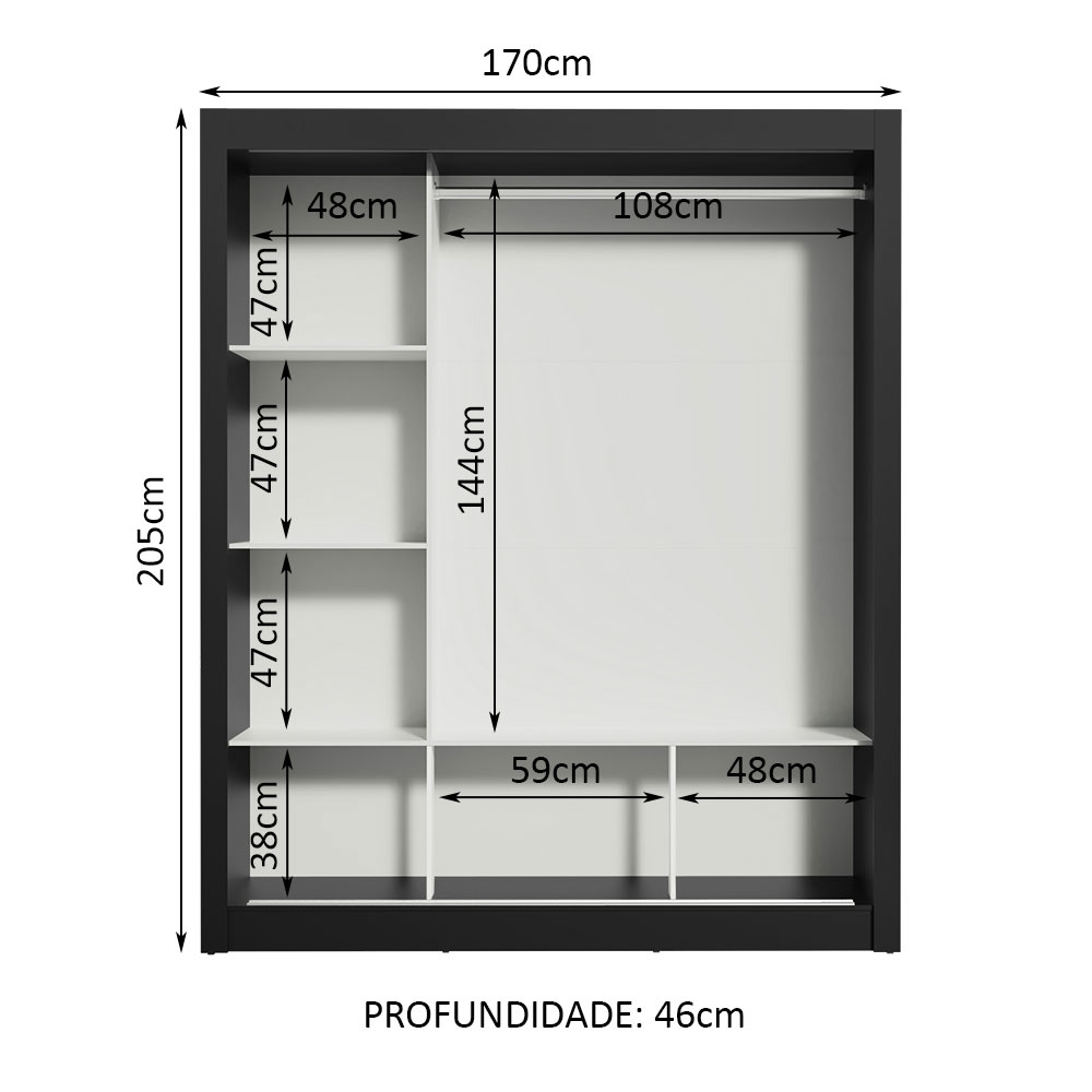 Guarda Roupa Casal Madesa Mônaco 3 Portas de Correr com Espelho - Preto