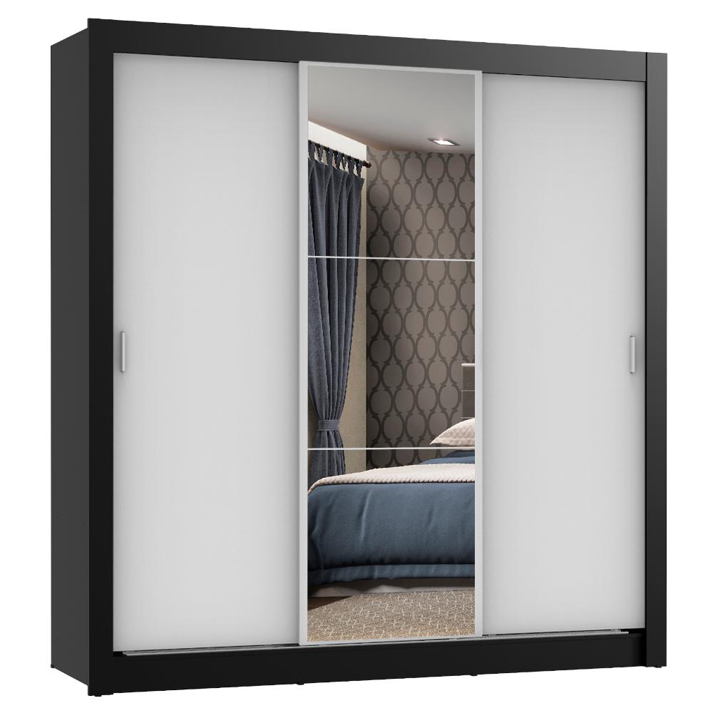 Guarda Roupa Casal Madesa Mônaco 3 Portas de Correr com Espelho - Preto/Branco