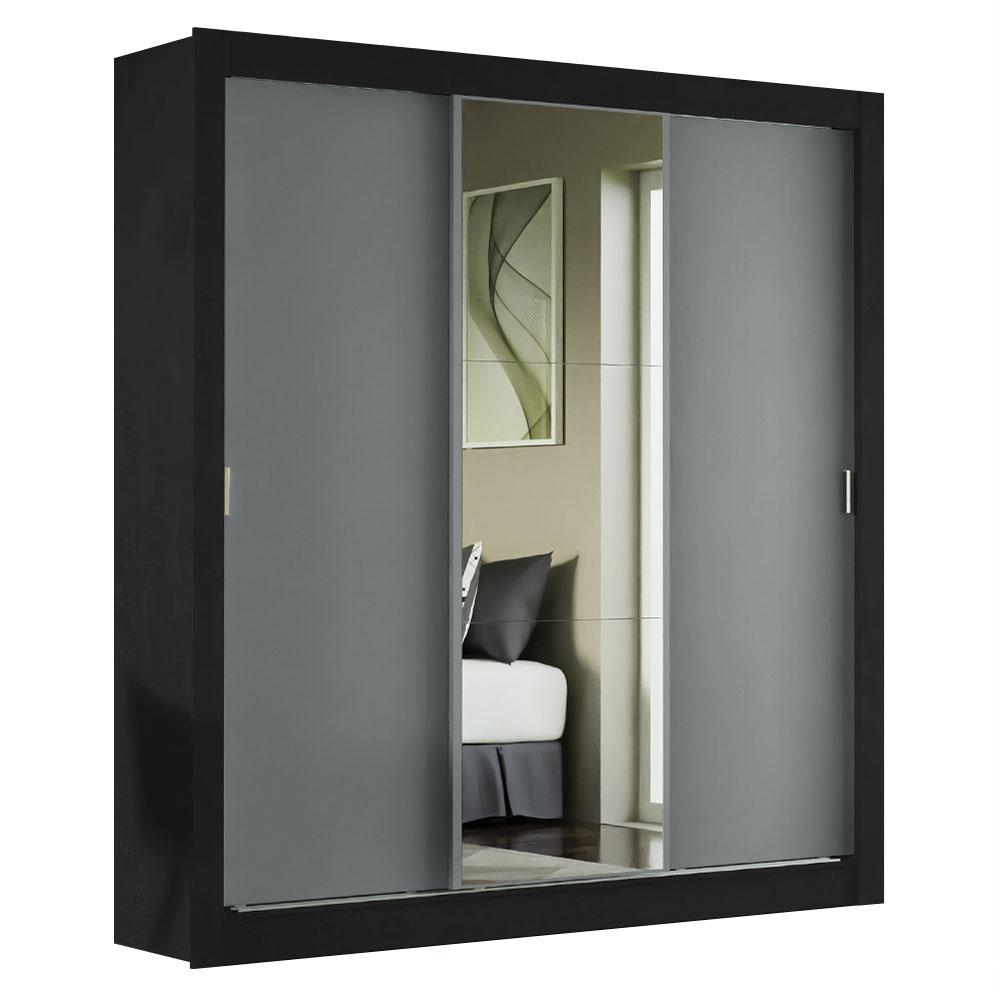 Guarda-Roupa Casal Madesa Mônaco 3 Portas de Correr com Espelho - Preto/Cinza