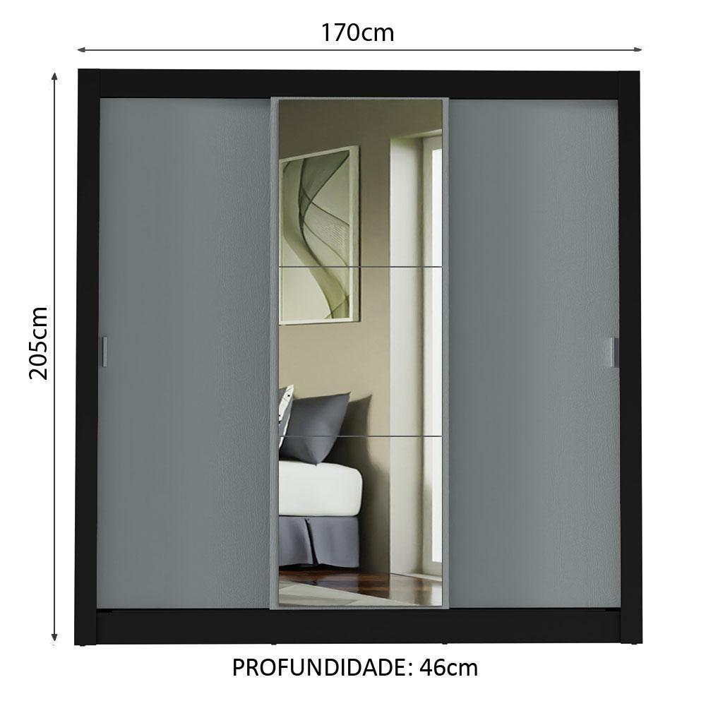 Guarda-Roupa Casal Madesa Mônaco 3 Portas de Correr com Espelho - Preto/Cinza