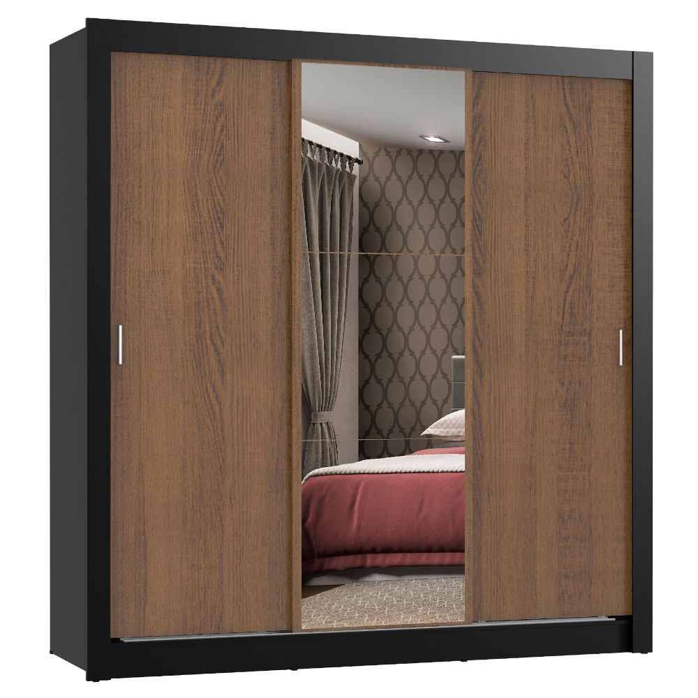 Guarda Roupa Casal Madesa Mônaco 3 Portas de Correr com Espelho - Preto/Rustic