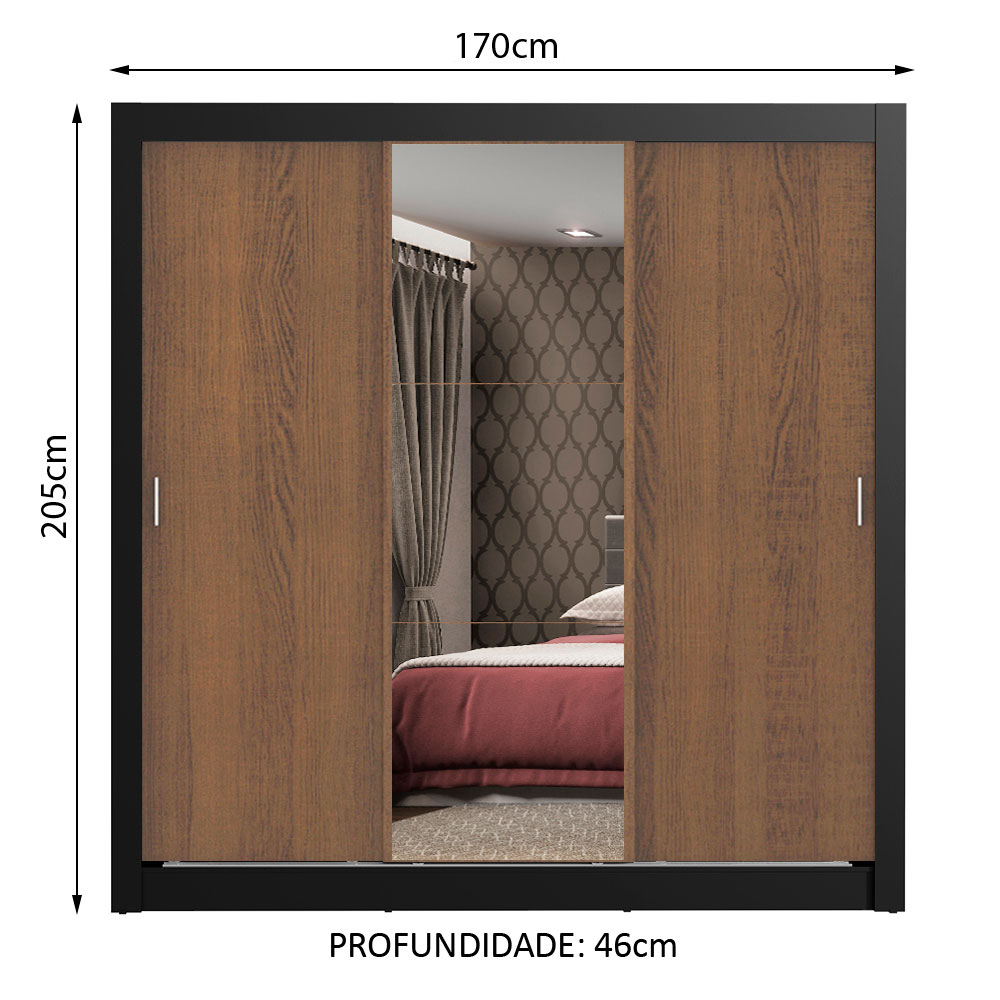 Guarda Roupa Casal Madesa Mônaco 3 Portas de Correr com Espelho - Preto/Rustic
