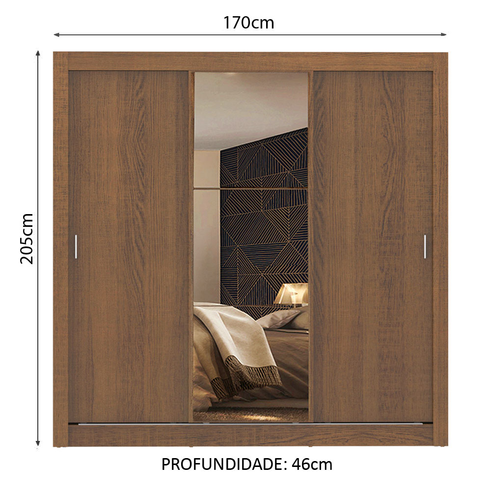 Guarda Roupa Casal Madesa Mônaco 3 Portas de Correr com Espelho - Rustic