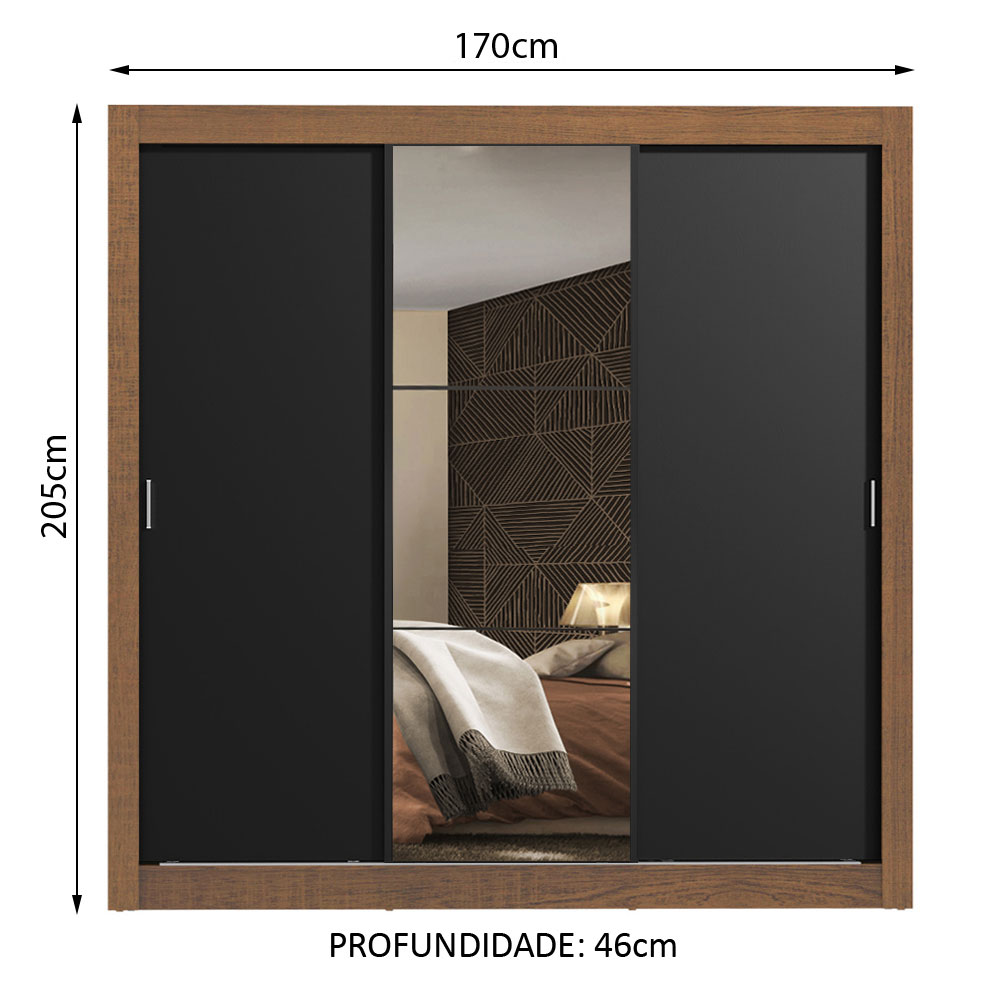 Guarda Roupa Casal Madesa Mônaco 3 Portas de Correr com Espelho - Rustic/Preto