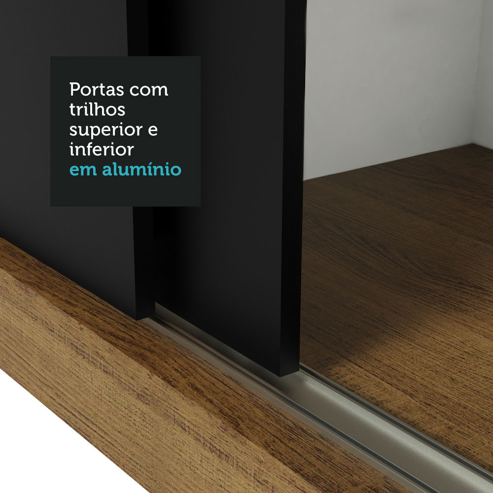 Guarda Roupa Casal Madesa Mônaco 3 Portas de Correr com Espelho - Rustic/Preto
