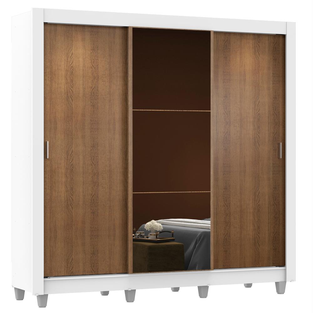 Guarda Roupa Casal Madesa Mônaco 3 Portas de Correr com Espelho com Pés - Branco/Rustic