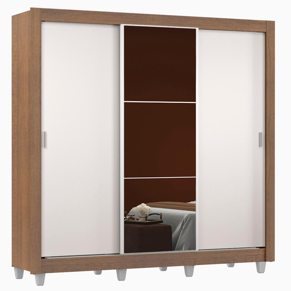 Guarda Roupa Casal Madesa Mônaco 3 Portas de Correr com Espelho com Pés - Rustic/Branco