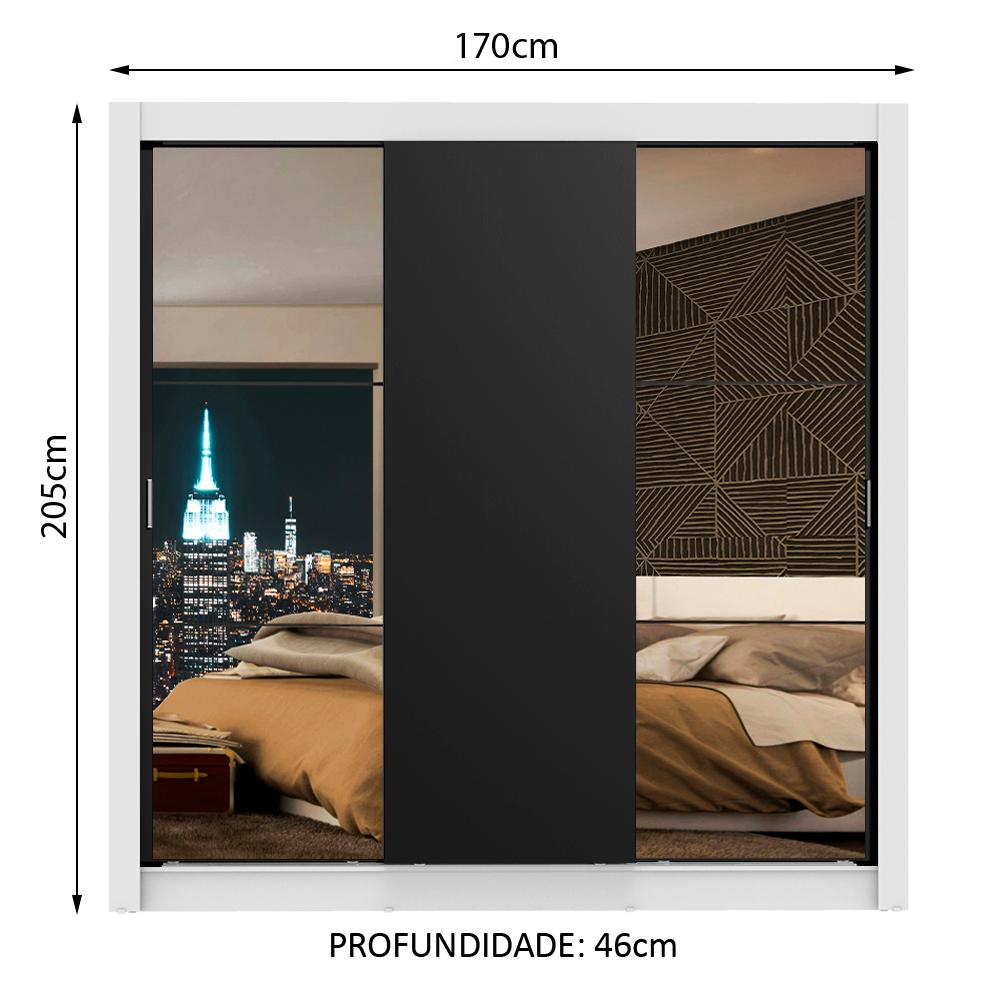 Guarda Roupa Casal Madesa Mônaco 3 Portas de Correr com Espelhos - Branco/Preto