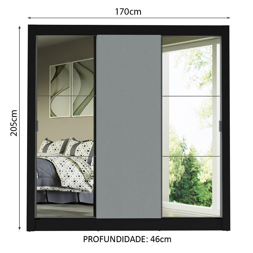 Guarda-Roupa Casal Madesa Mônaco 3 Portas de Correr com Espelhos - Preto/Cinza