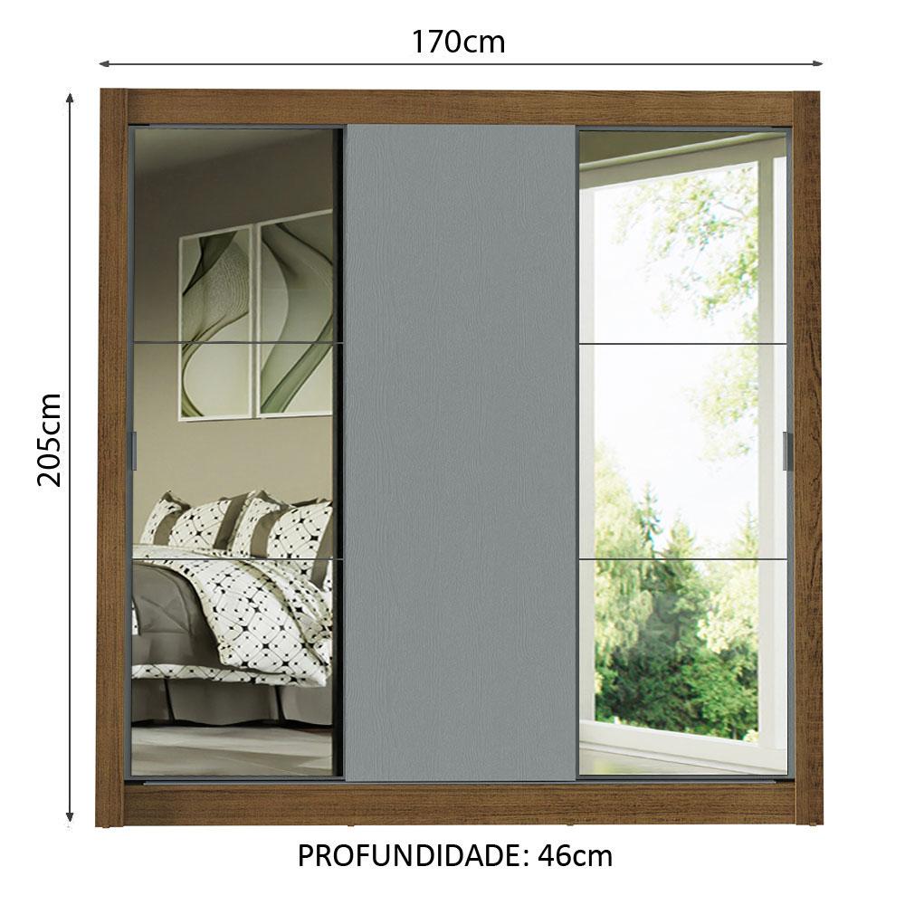Guarda-Roupa Casal Madesa Mônaco 3 Portas de Correr com Espelhos - Rustic/Cinza