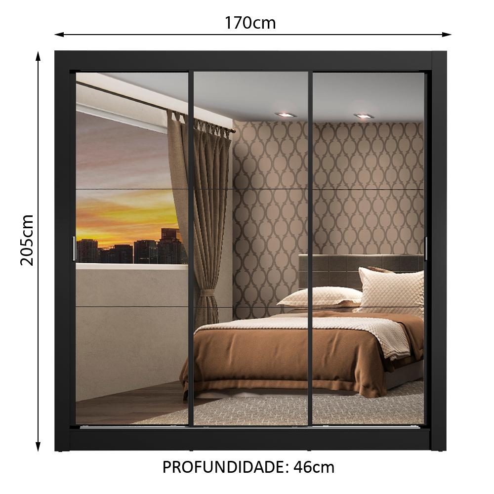 Guarda Roupa Casal Madesa Mônaco 3 Portas de Correr de Espelho - Preto