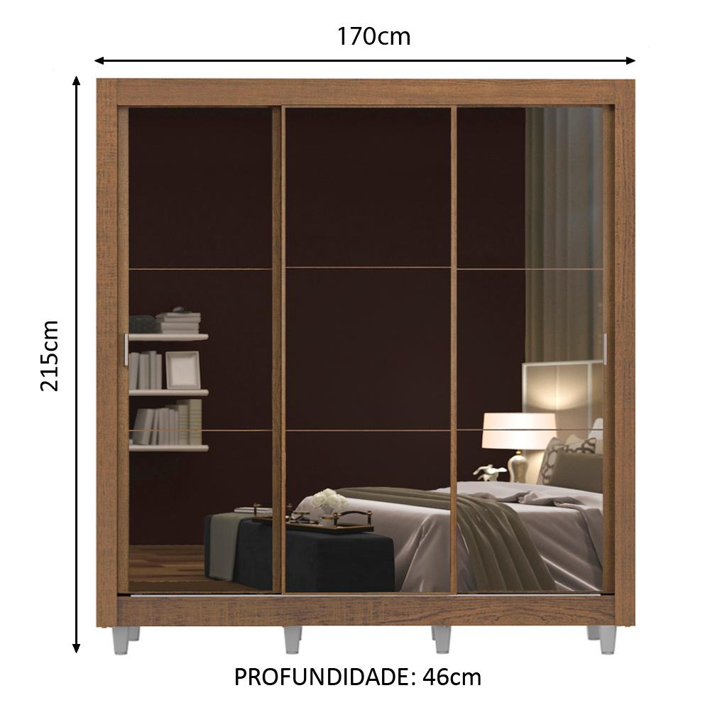 Guarda Roupa Casal Madesa Mônaco 3 Portas de Correr de Espelho com Pés - Rustic