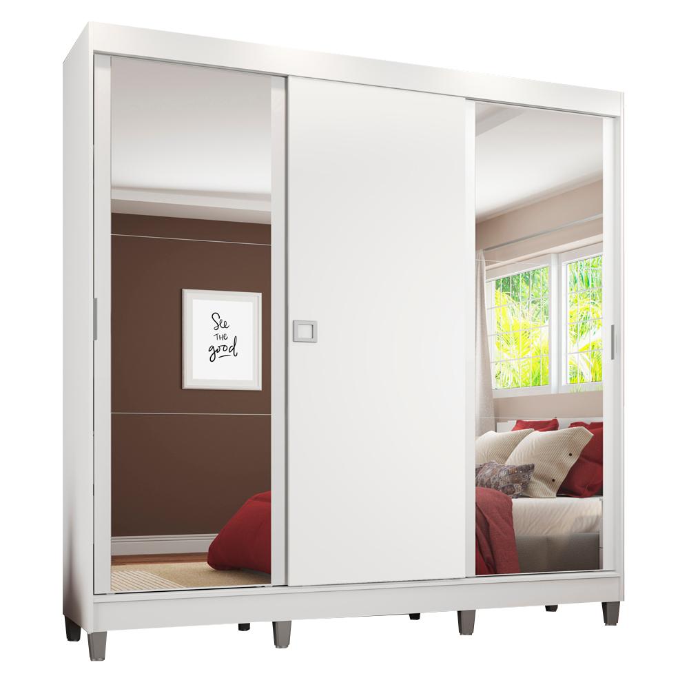 Guarda-Roupa Casal Madesa Napoli 3 Portas de Correr 2 Portas com Espelho com Pés - Branco