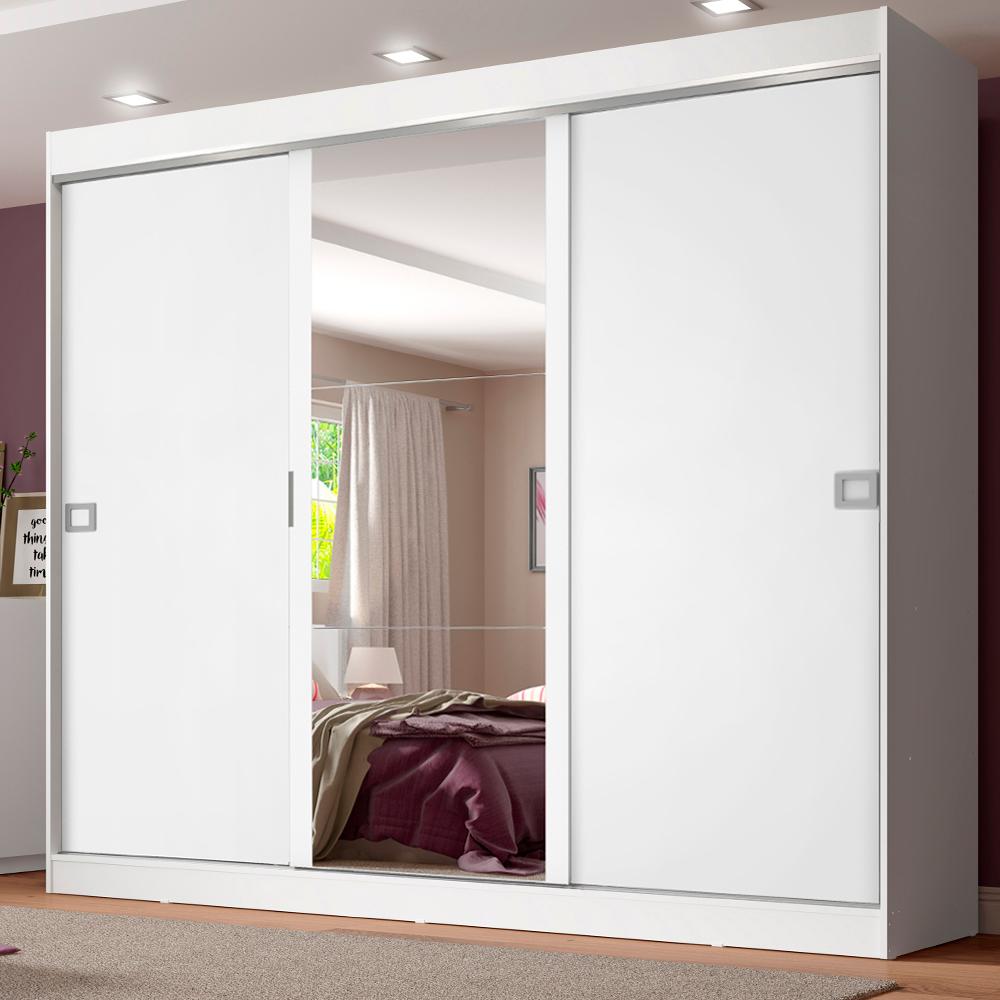 Guarda-Roupa Casal Madesa Napoli 3 Portas de Correr Central com Espelho - Branco