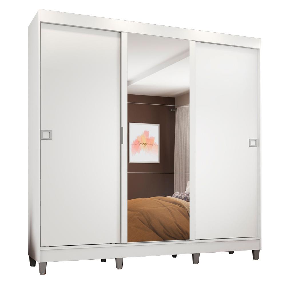 Guarda-Roupa Casal Madesa Napoli 3 Portas de Correr Central com Espelho com Pés - Branco