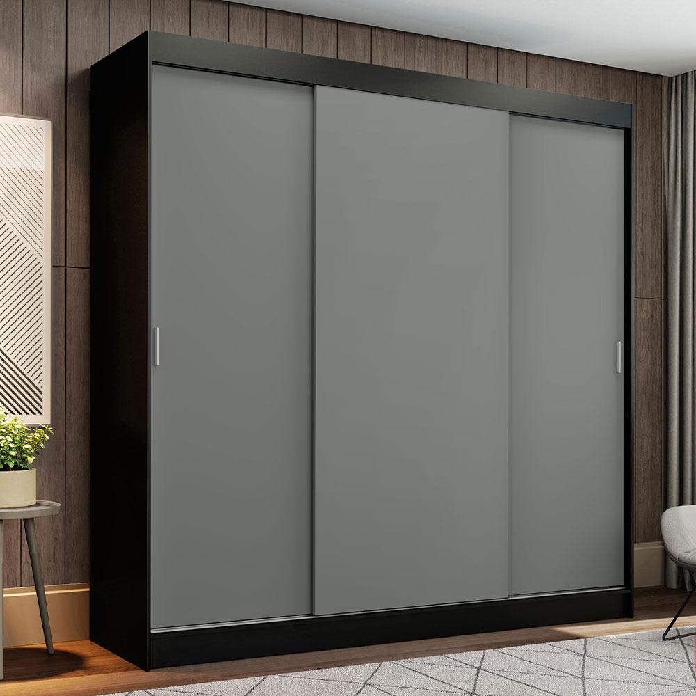 Guarda-Roupa Casal Madesa Reno 3 Portas de Correr - Preto/Cinza