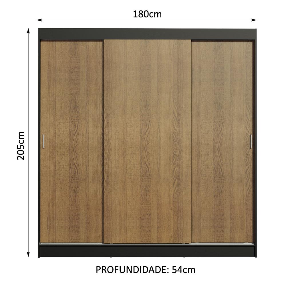 Guarda-Roupa Casal Madesa Reno 3 Portas de Correr - Preto/Rustic