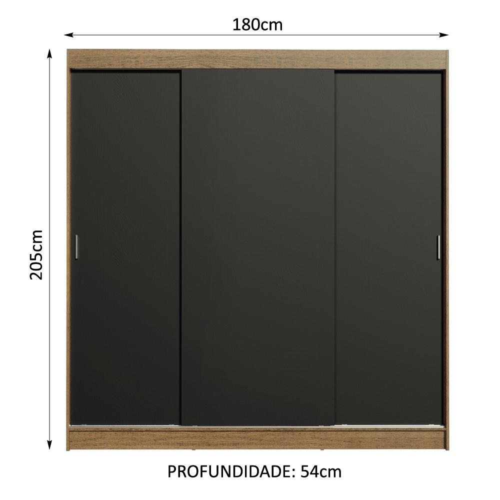 Guarda-Roupa Casal Madesa Reno 3 Portas de Correr - Rustic/Preto
