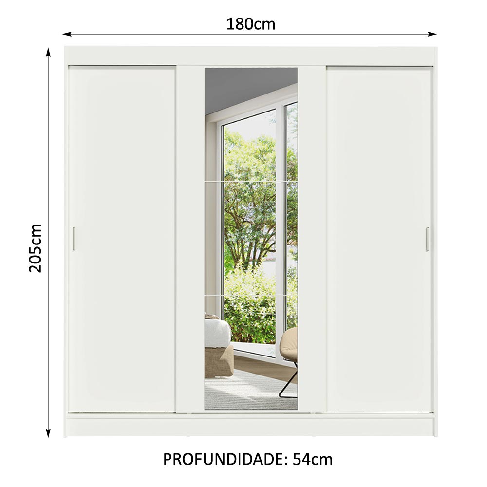 Guarda-Roupa Casal Madesa Reno 3 Portas de Correr com Espelho - Branco