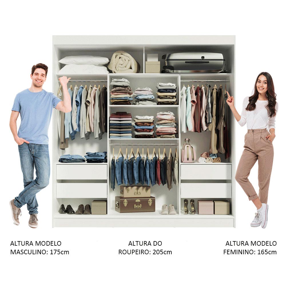 Guarda-Roupa Casal Madesa Reno 3 Portas de Correr com Espelho - Branco