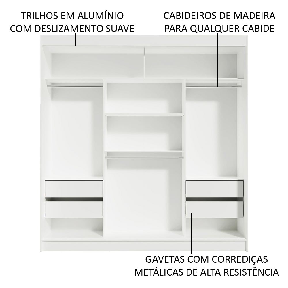 Guarda-Roupa Casal Madesa Reno 3 Portas de Correr com Espelho - Branco